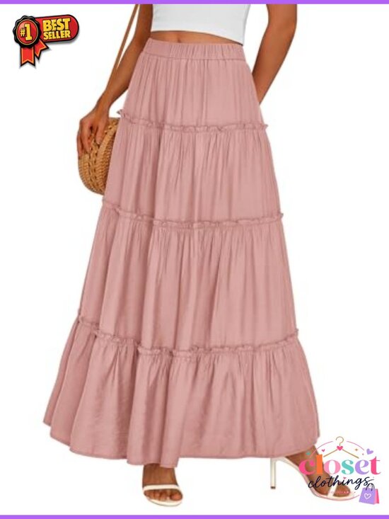 Dresses & Skirts - Women's Boho Tiered Ruffle Flowy Maxi Skirt with Pockets